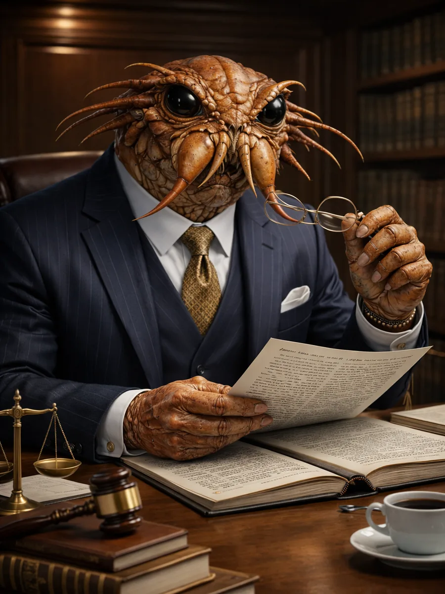 Marcus Carapax, Esq. seated in an office holding contract papers.